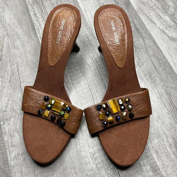 Y2K Nine West Kitten Heels Brown Beaded Size 7 - Picture 2 of 8